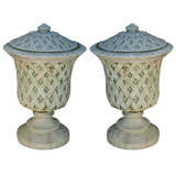 Pair of Cast Stone Lattice Urns with Lids